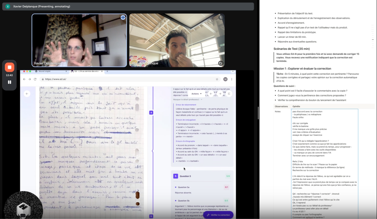 Capture d’écran de l’un des entretiens de Xavier avec Ophélie, prof de lettres. Pour les curieux, retrouver l’entretien en intégralité en cliquant ici.