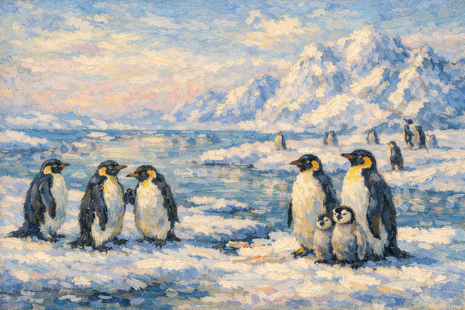 Manchots empereurs sur la banquise en lumière douce Crédit image : ChatGPT  (image générée par IA)